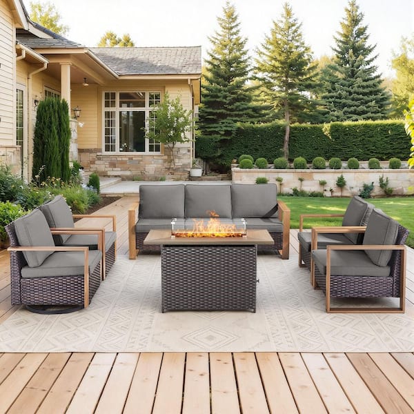 FanKan Brown 6-Piece Wicker Outdoor Glider Chair Patio Deep Seating with Rectangular Fire Table and Gray Cushions