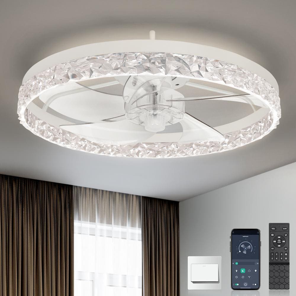 ARISKEEN 20 in. Indoor White Crystal Ceiling Fan with Light and Remote, Flush Mount LED Ceiling Fan, Dimmable for Bedroom A01-001A-WH - The Home Depot