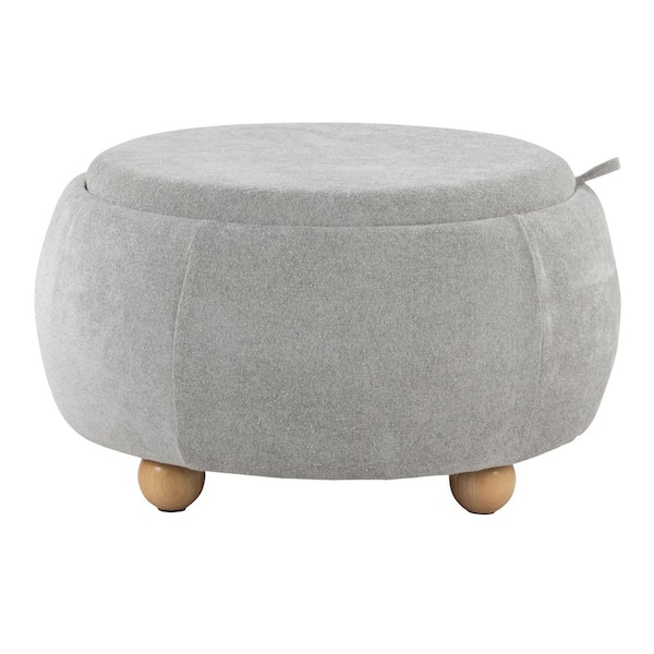 Tray Pouf Light Grey Fabric and Natural Wood Storage Ottoman