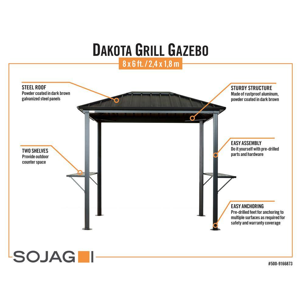 Dakota 6' x 9' Black Aluminum Grill Gazebo with Steel Roof