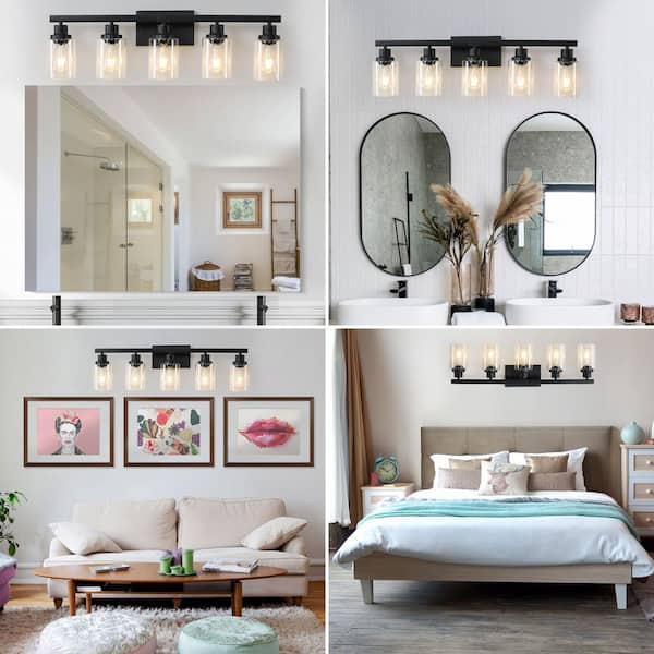 31 in. Modern 5-Light Black Vanity Light Over Mirror Bath Wall Lighting Fixtures with Clear Glass Shade