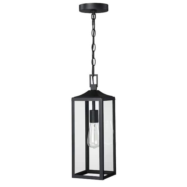 Hukoro 18 in. 1-light Matte Black Dimmable Outdoor Pendant Light with Clear Glass and No Bulbs Included