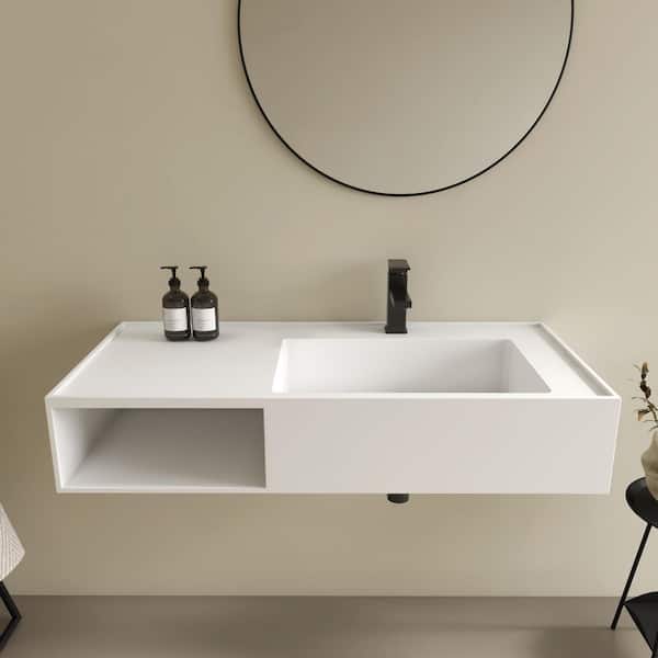 42 x 19 in. Solid Surface Wall Mount Bathroom Vessel Sink with Single Faucet Hole and Storage Compartment