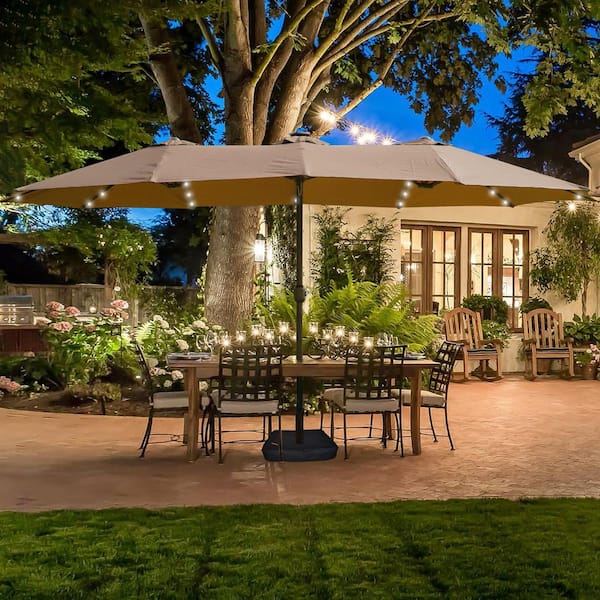 15 ft. Double Sided Outdoor Umbrella Rectangular Large Patio Umbrella with 48 LED Lights, Base and 12 Steel Rib in Taupe