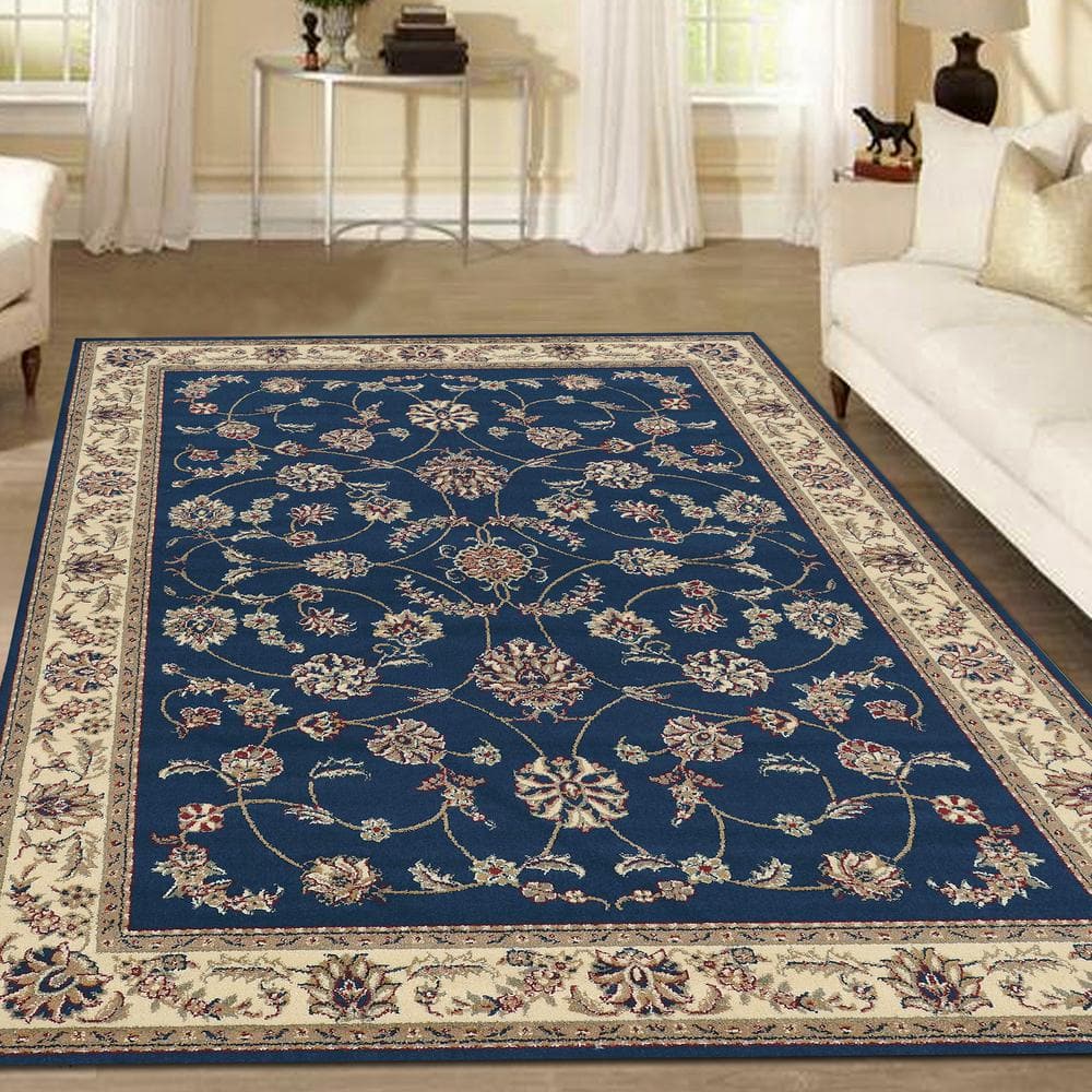 Easy Care Deep Blue Floral Border 5' x 7' Synthetic Area Rug