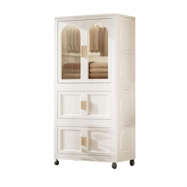 FUNKOL 15 in. W x 25 in. D x 57 in. H Ready to Assemble Floor Base Folding Wardrobe Cabinet in Cream White with Magnetic Door