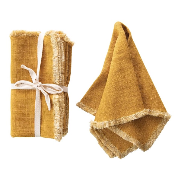 Storied Home 18 in. W x 0.25 in. H Mustard Square Linen Blend Napkin with Fringe Trim (Set of 4)