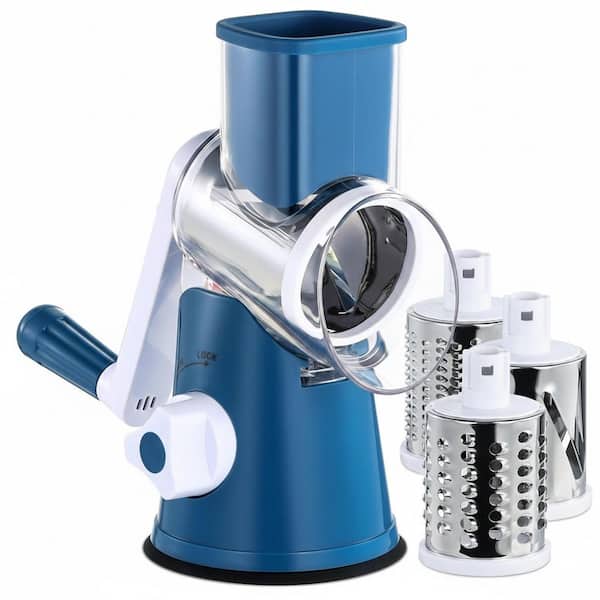 Blue Rotary Cheese Grater Mandoline Vegetable Slicer with 3 Stainless Steel Blades Easy Clean for Kitchen