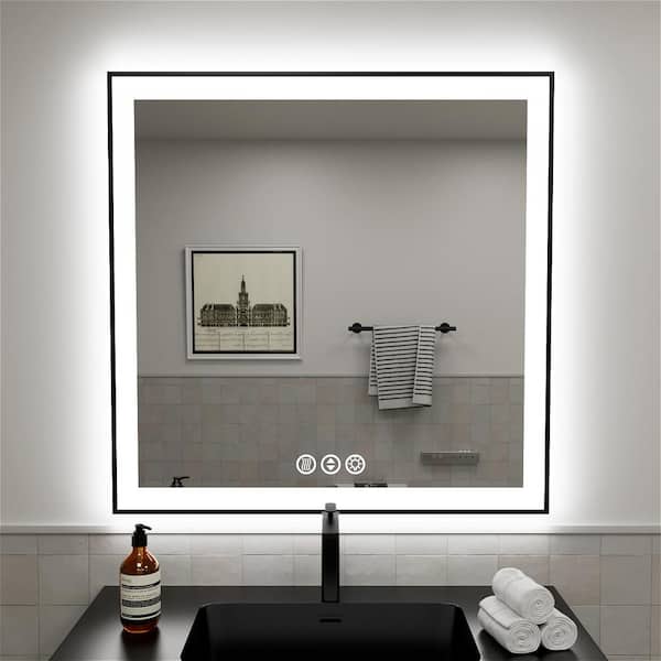 MYCASS 36 in. W x 36 in. H Framed Rectangular LED Light Bathroom Vanity Mirror in Matte Black