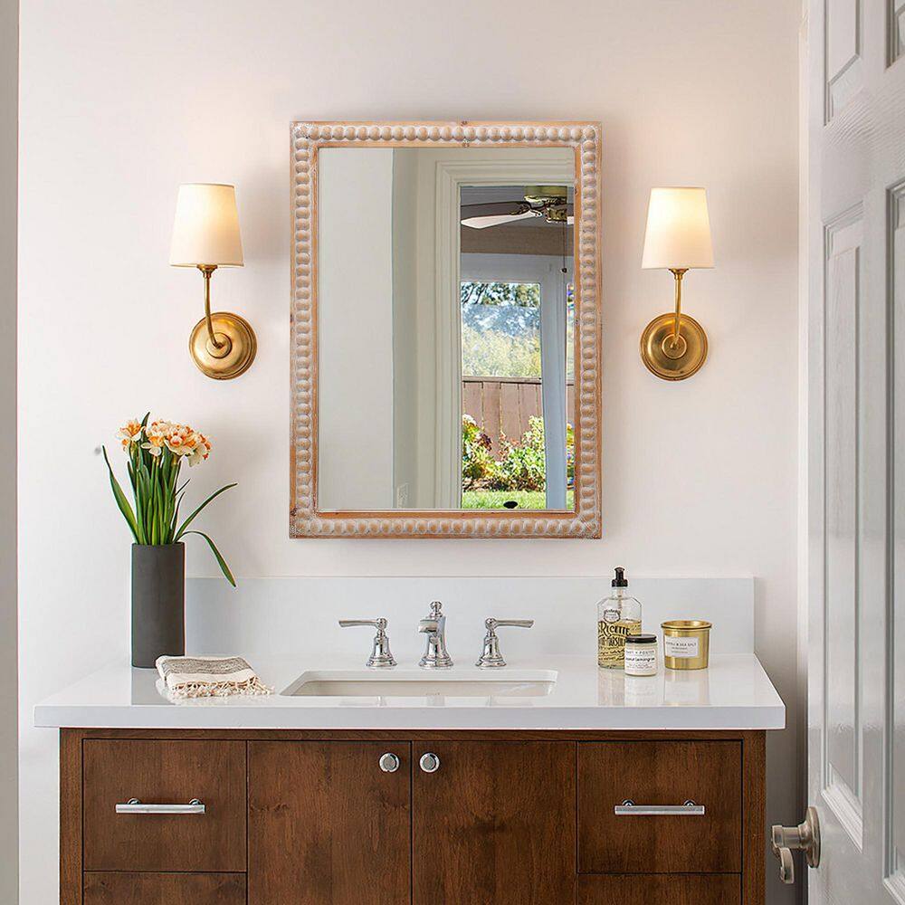 Natural Wood 22 in. W x 30 in. H Farmhose Wood Accent Mirror Vintage Beaded Decorative Wall Mirror Retro Bathroom Mirror