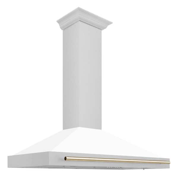ZLINE Kitchen and Bath Autograph Edition 48 in. Convertible Satin Steel Wall Mount Range Hood with White Shell and Polished Gold Handle