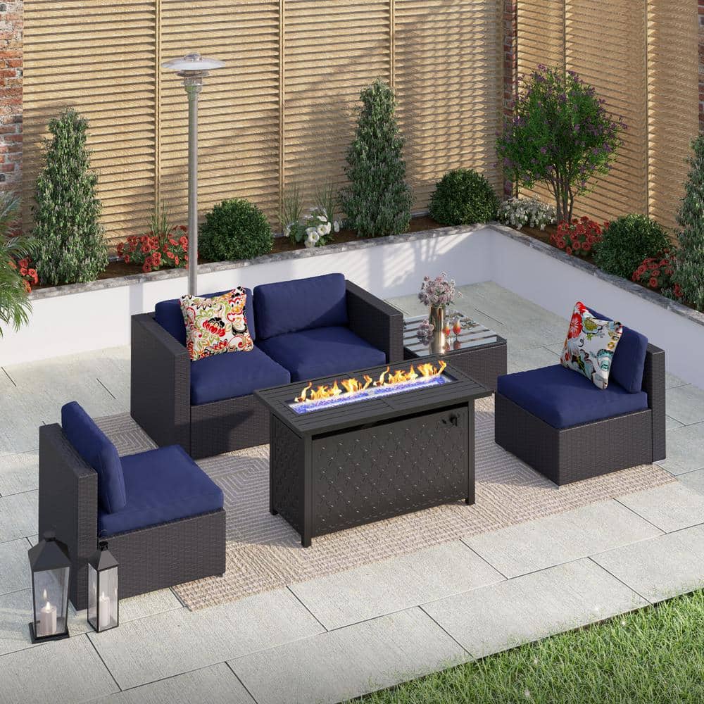 PHI VILLA Dark Brown Rattan Wicker 4 Seat 6Piece Steel Outdoor Fire