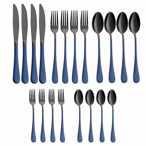 20-Piece Stainless Steel Silverware Set, Cutlery Set Service for 4, Dinner Knives Forks Spoons Set, Blue and Black