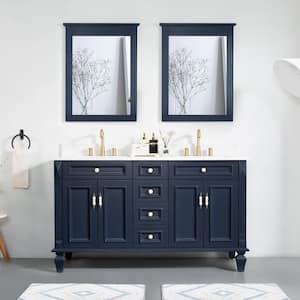 60 in. W x 22 in. D x 35 in. H Double Sink Bath Vanity in Navy Blue with White Quartz Top and Mirror