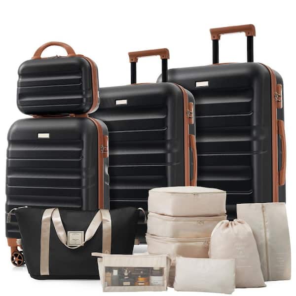 12-Piece Black ABS Hardshell Dual Spinner Luggage Set with Expandable Duffel Bag, 8-Packing Cubes