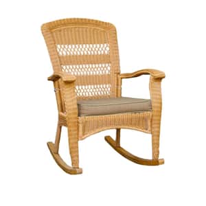 Portside Plantation Amber Wicker Rocking Chair Outdoor Patio Furniture Piece with Plush Fade-Resistant Tan Cushion