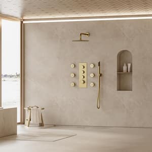 Thermostatic Valve 12 in. Wall Mount Triple Handle 7-Spray Patterns Shower Faucet With 6-Jets in Brushed Gold