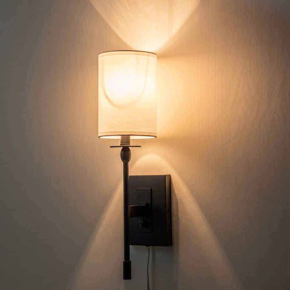 Black Metal Wall Sconce with White Fabric Shade