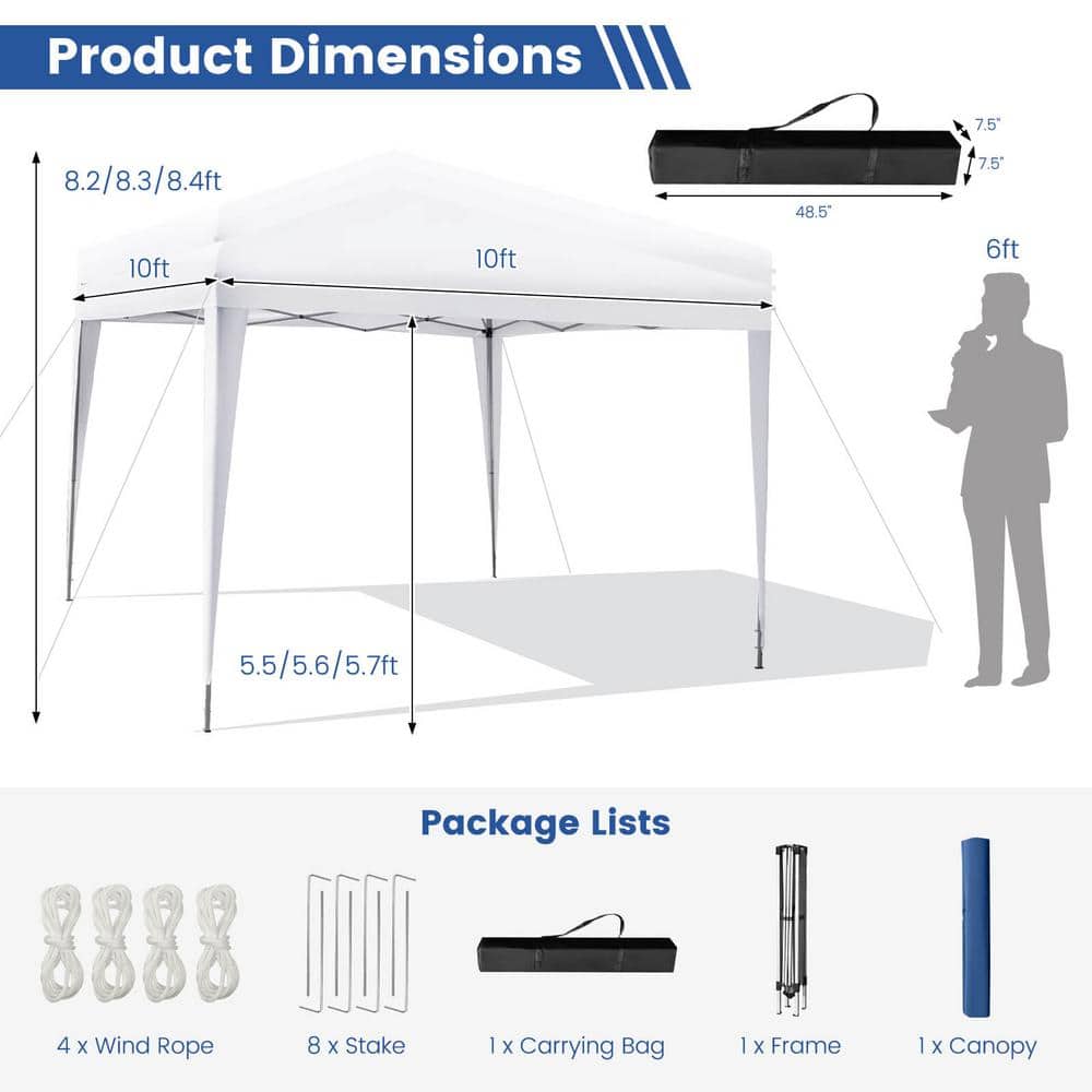 White 10x10 ft Adjustable Height Pop-Up Canopy Tent