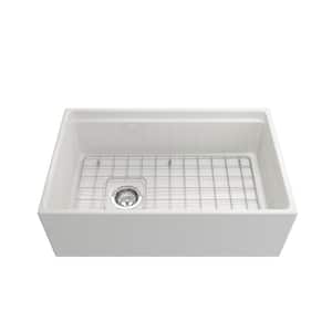 Contempo Step-Rim White Fireclay 30 in. Single Bowl Farmhouse Apron Front Workstation Kitchen Sink with Faucet