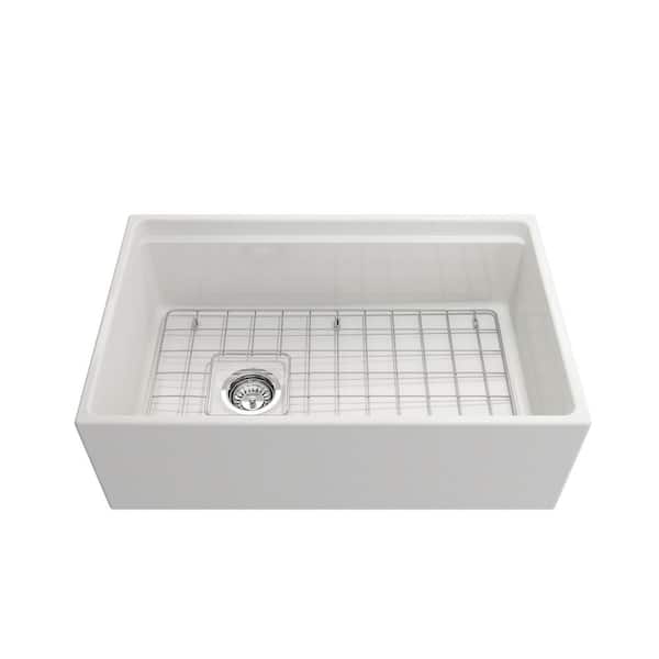 Contempo Step-Rim White Fireclay 30 in. Single Bowl Farmhouse Apron Front Workstation Kitchen Sink with Faucet