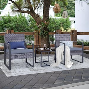 Cute 3-Piece Gray Wicker Patio Conversation Set with Gray Cushions