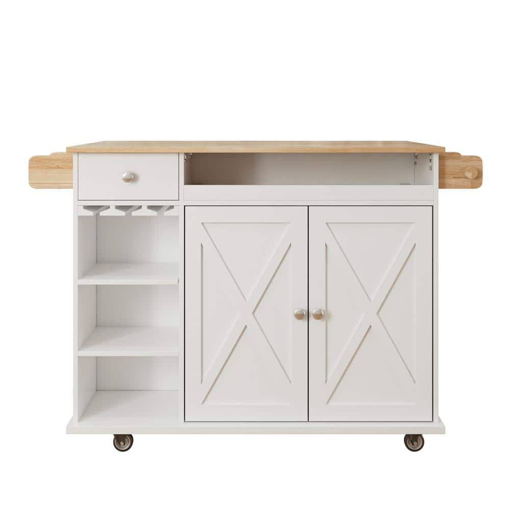 White Wood 44 in. Kitchen Island with Solid Wood Top, Wine Storage, Spice R