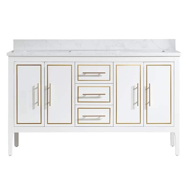 WELLFOR 60 in. W x 22 in. D x 36 in. H Double Sink Freestanding Bath Vanity in White with White Marble Top and Backsplash