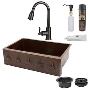 All-in-One Undermount Hammered Copper 33 in. 0-Hole Single Bowl Kitchen Sink with Star Design in Oil Rubbed Bronze