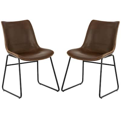 Vintage Side Chair 32 in. Brown Leather Armless Dining Chairs (Set of 2)