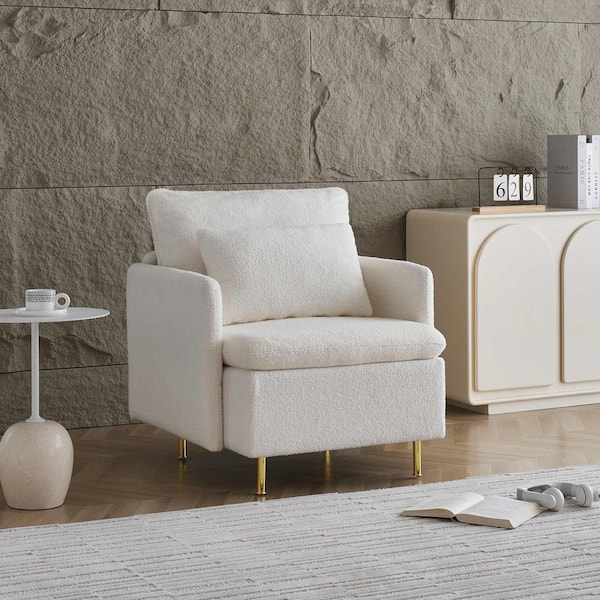 White Modern Accent Chair Sherpa Upholstered Cozy Comfy Armchair with Pillow Single Club Sofa Chairs with Metal Legs