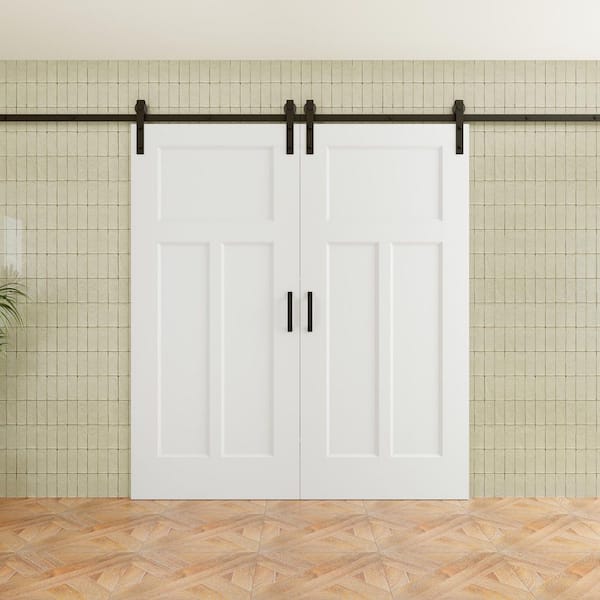 72 in. x 80 in. T Shape 3 Panel Solid Core White Primed MDF Sliding Barn Door with Hardware Kit and Soft Close