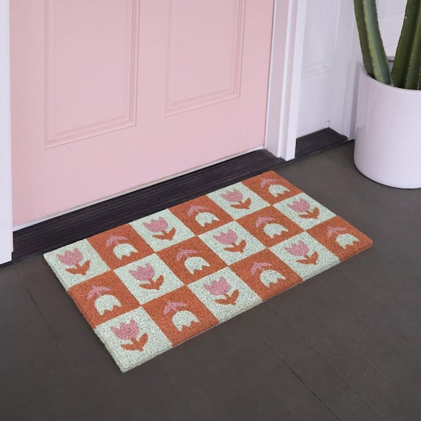 Check Flowers Pink/Blue 18 in. x 30 in. Coir Indoor/Outdoor Door Mat