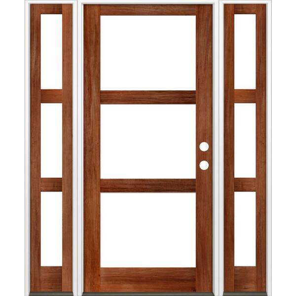 Krosswood Doors 70 in. x 96 in. Modern Hemlock Left-Hand/Inswing 3-Lite Clear Glass Red Chestnut Stain Wood Prehung Front Door with DSL