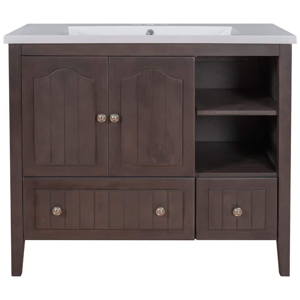 36 in. W x 18.03 in. D x 32.13 in. H Bathroom Vanity in Brown with Cabinet,