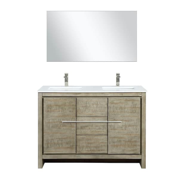 Lafarre 48 in W x 20 in D Rustic Acacia Double Bath Vanity, White Quartz Top, Brushed Nickel Faucet Set and 43 in Mirror