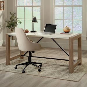 Dixon City 65.984 in. Brushed Oak Executive Desk with Pebbled White Accent Top
