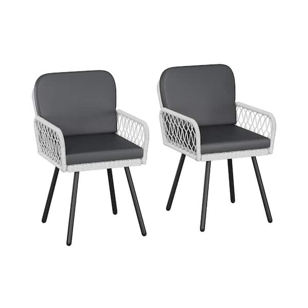 Stackable Metal Frame Outdoor Wicker Dining Chairs with Gray Cushions (2-Pack)