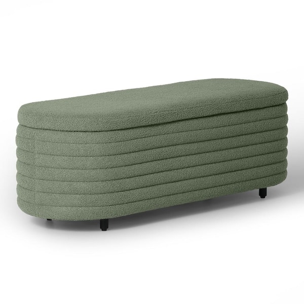 WESTINFURNITURE Bayville 54 in. Wide Oval Sherpa Upholstered Entryway Flip Top Storage Bedroom Accent Bench in Ice Green