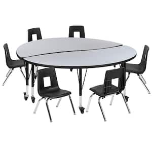 Mobile 60 in. Circle Wave Collaborative Laminate Activity Table Set with 14 in. Student Stack Chairs, Grey/Black
