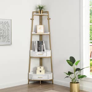 Minimalism Modular 72.64 in. Height Corner Shelf 4-Tier Industrial Bookcase with 2 Drawers in Gold