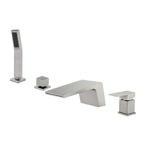 Single-Handle Tub Deck Mount Roman Tub Faucet with Hand Shower and Water Suply Hose in Brushed Nickel
