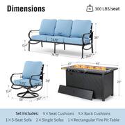 5 Seat 4-Piece Metal Outdoor Patio Conversation Set with Blue Cushions, Swivel Chairs, Rectangular Fire Pit Table