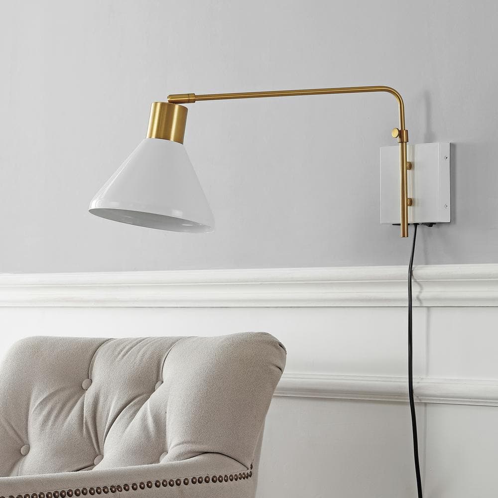 Modern Farmhouse 20.5" White and Brass Gold Iron LED Swing Arm Sconce