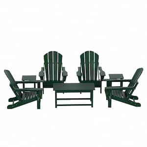 Laguna 7-Piece Fade Resistant Outdoor Patio HDPE Poly Plastic Folding Adirondack Chair Conversation Set in Dark Green