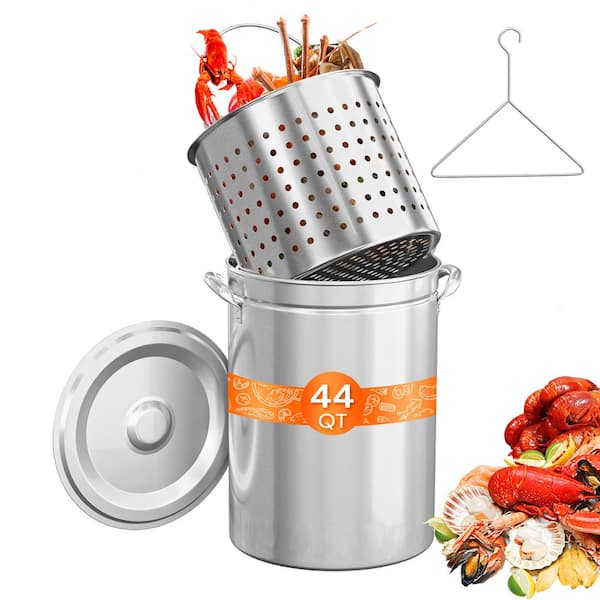 44 qt. 3-Piece Stainless Steel Stock Pots with Strainer Basket, Lid, Hook and Steamer
