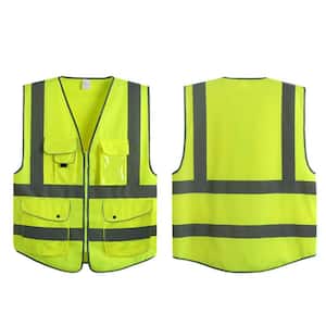 Large Yellow 7-Pockets Class 2 High Visibility Zipper Front Safety Vest with Reflective Strips