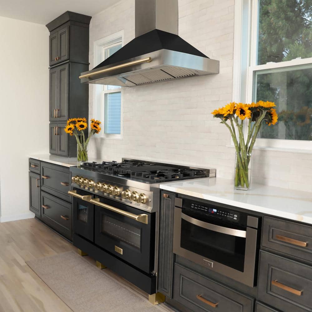 36'' Stainless Steel and Black Matte Convertible Range Hood with Gold Handle
