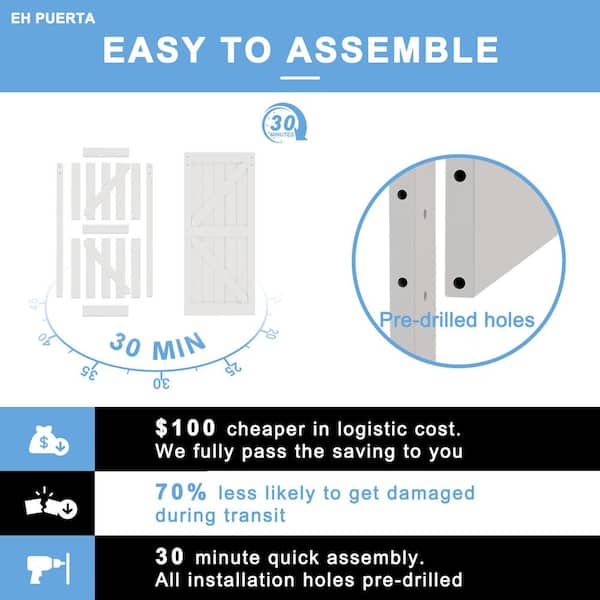 42 in. x 84 in. White Primed MDF K-Shape Interior Barn Door Slab With Hardware Kit and Soft Close