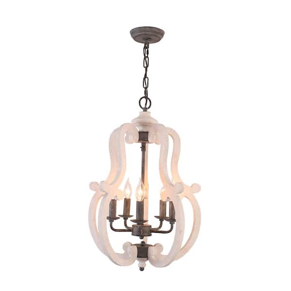 Bella Depot 5-Light White Modern Farmhouse Distressed Adjustable Chandelier Candle Style Pendant